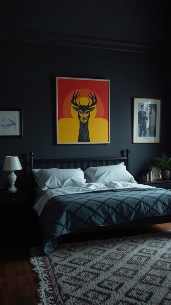 A cozy dark bedroom featuring a colorful deer wall art and framed pictures.