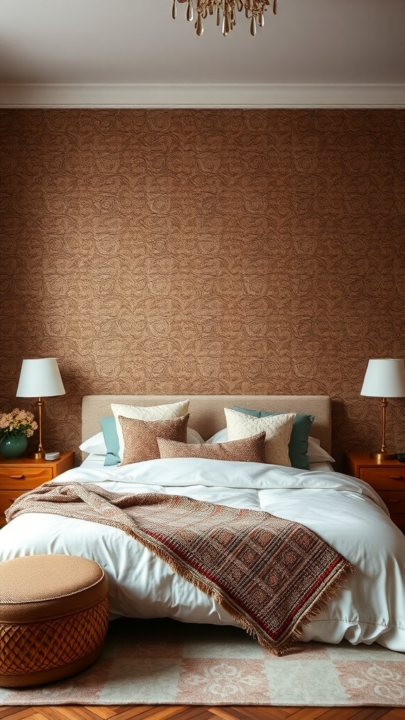 Cozy bedroom featuring a statement wall with brown wallpaper, soft bedding, and decorative pillows.