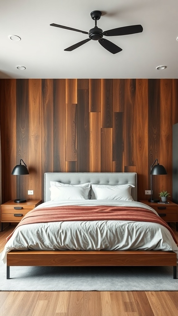 Rustic modern bedroom with wood paneling wall and stylish furniture.