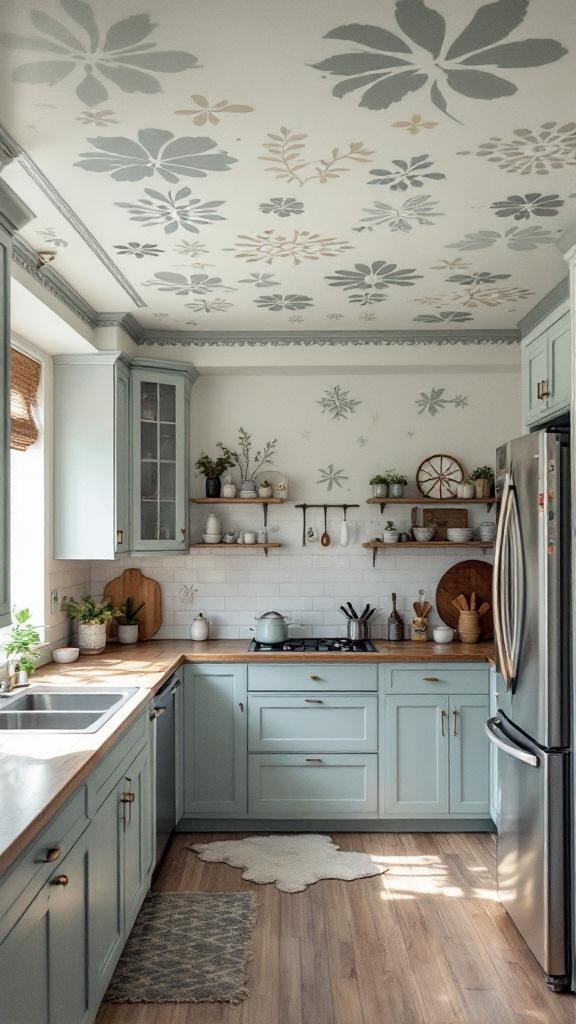 A kitchen with a stenciled ceiling featuring floral designs in soft colors.