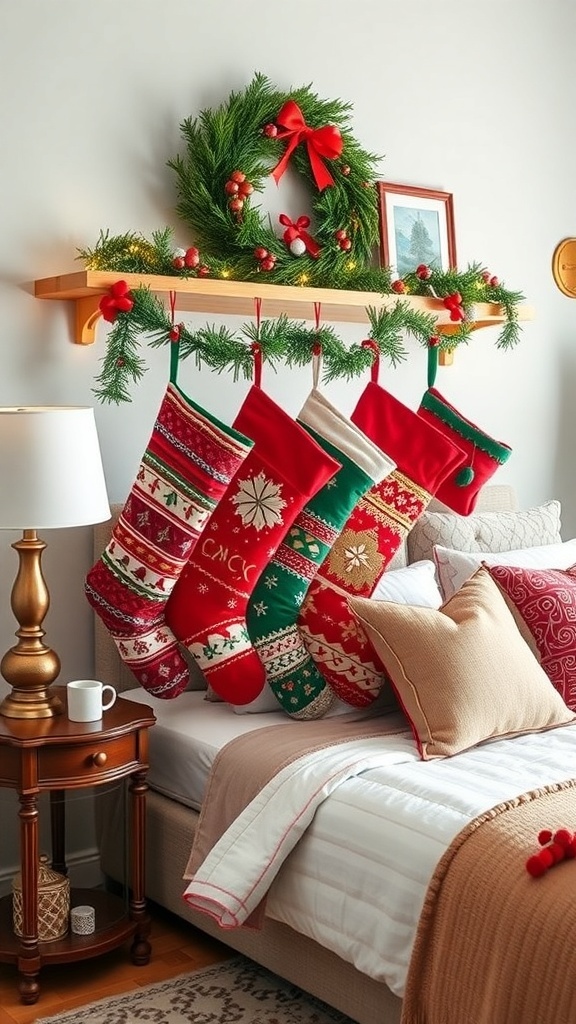 A cozy bedroom with colorful Christmas stockings hung on a shelf, decorated with a wreath and festive accents.