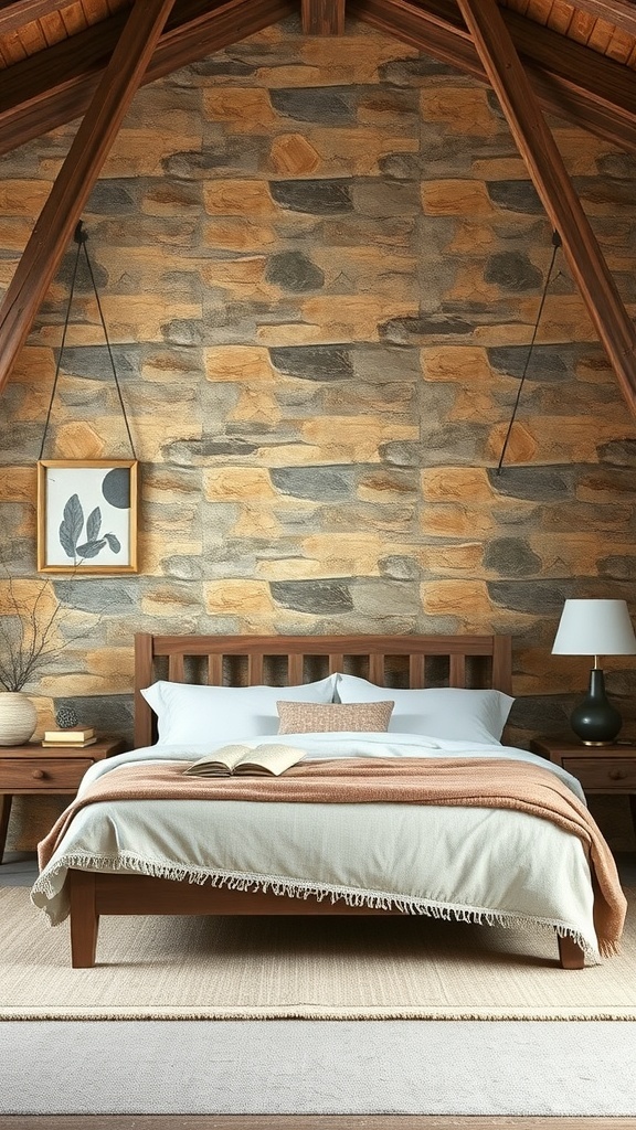 A rustic bedroom featuring a stone accent wall, wooden bed frame, and warm bedding.