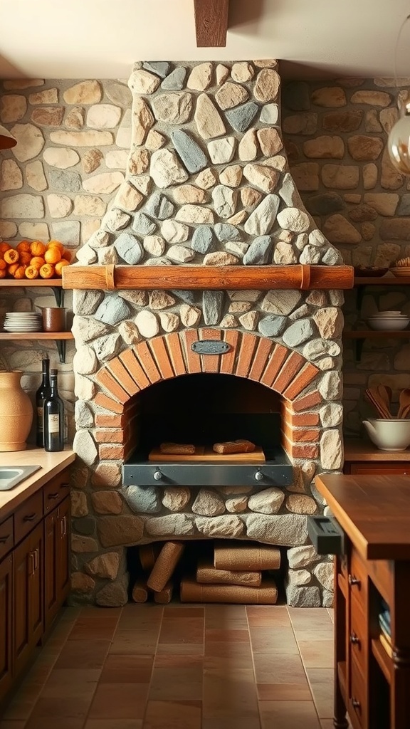 A rustic kitchen featuring a stone and brick fireplace with wooden accents.