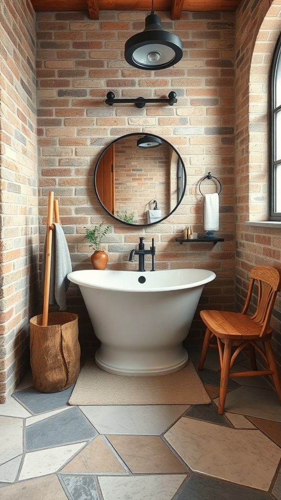 A rustic bathroom featuring stone and brick walls, a freestanding bathtub, and wooden accents.