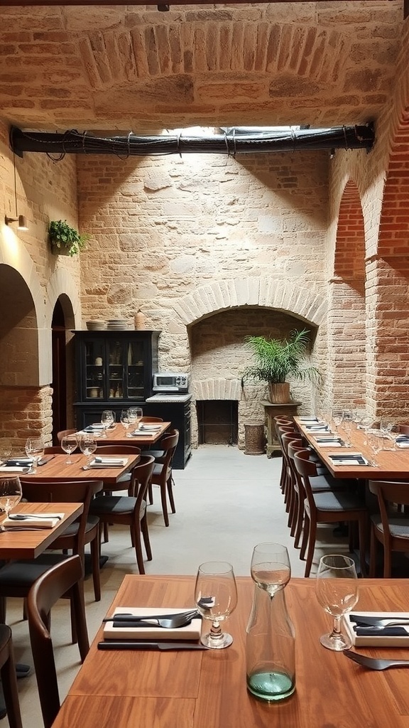 A rustic room featuring stone walls, wooden beams, and simple dining setup.