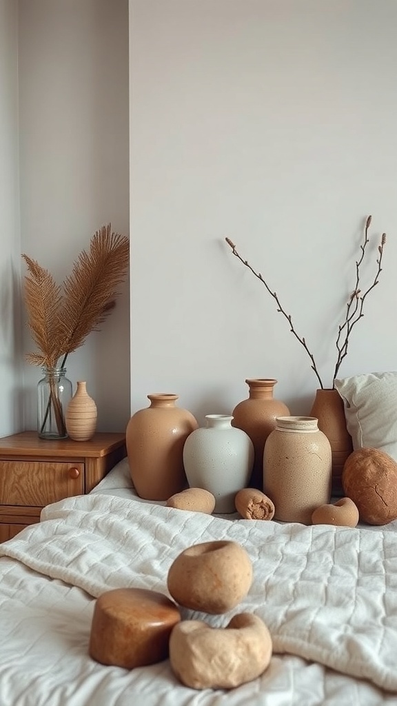 A cozy bedroom featuring stone and clay accessories, including vases and decorative stones.