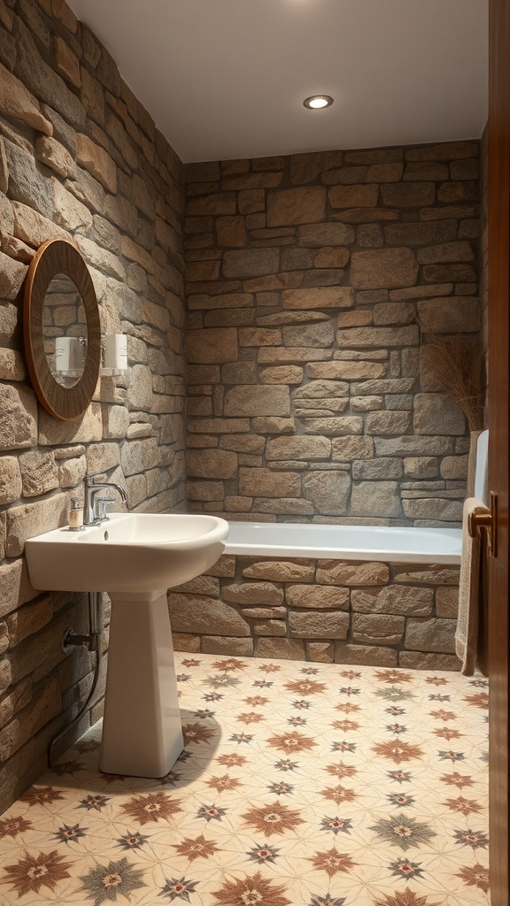 A rustic bathroom featuring stone walls and patterned tile flooring.