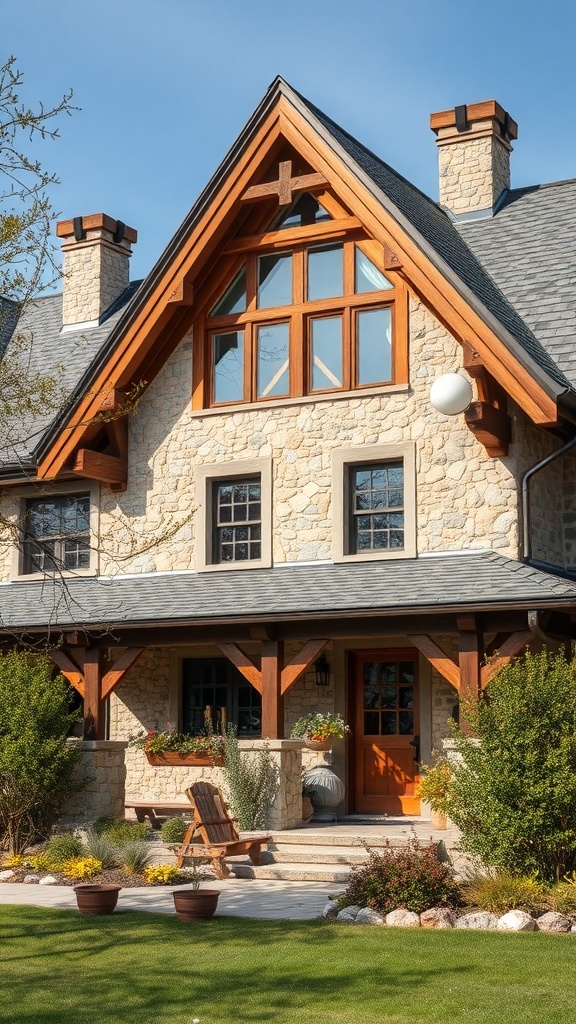 A rustic house exterior featuring a combination of stone and timber.