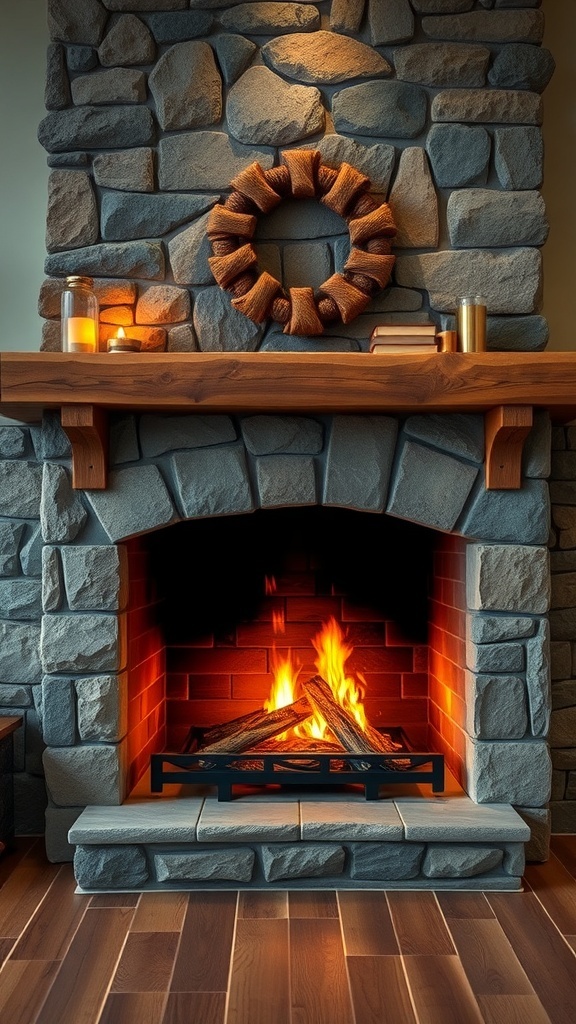 A rustic fireplace with a stone surround and a wooden mantel, featuring candles and a decorative wreath.