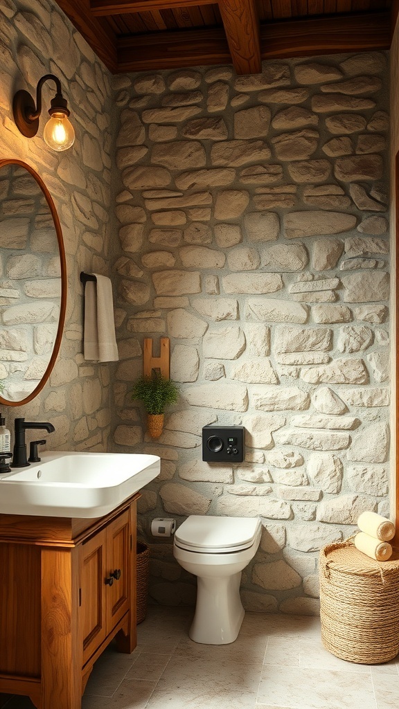 A rustic bathroom featuring stone walls and wooden accents.
