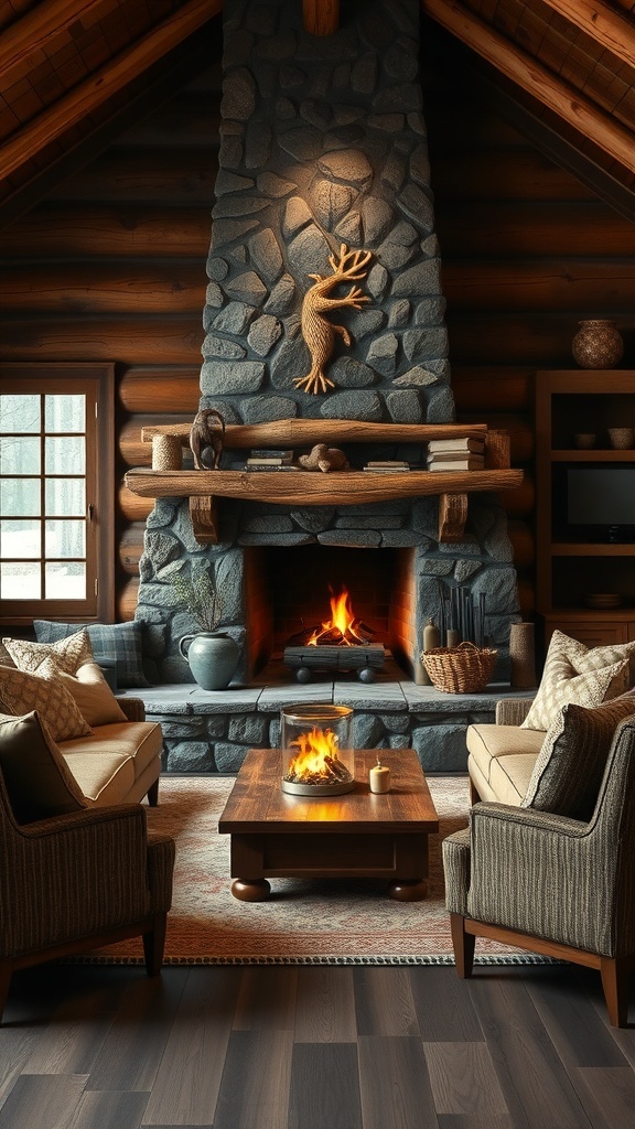 Cozy cabin interior featuring a stone fireplace, comfortable seating, and warm lighting.
