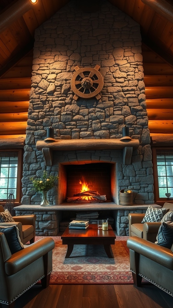 A cozy stone fireplace in a rustic cabin setting with leather chairs and a warm fire.