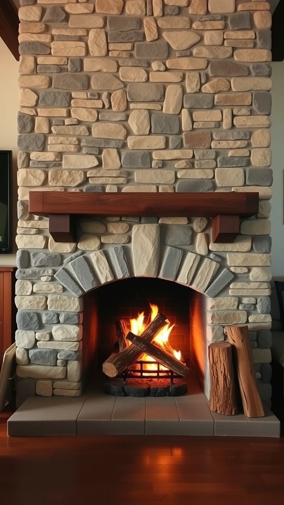 A cozy stone fireplace with a wooden mantel, featuring logs and flames.