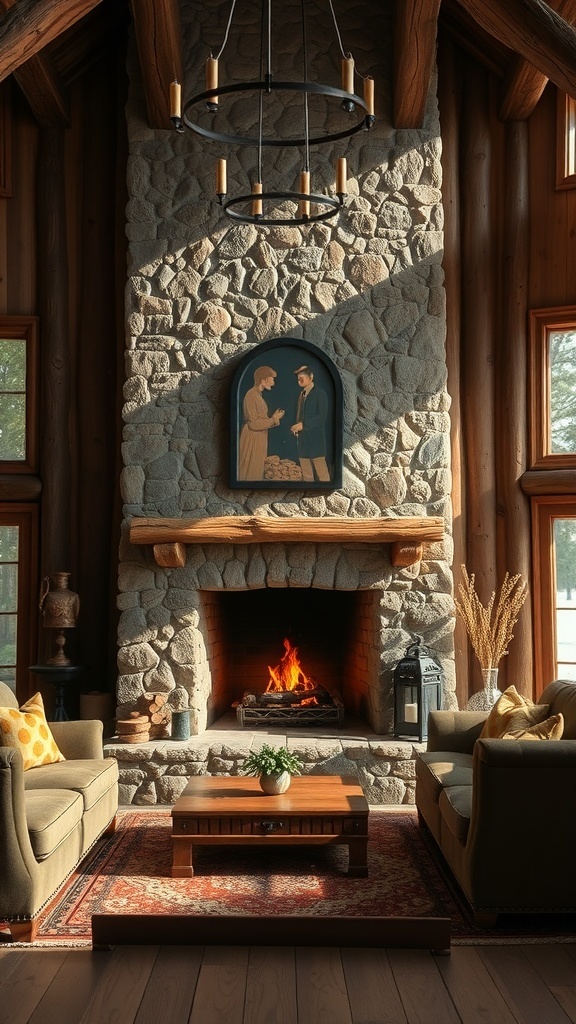 Cozy rustic living room featuring a stone fireplace, wooden beams, and comfortable seating.