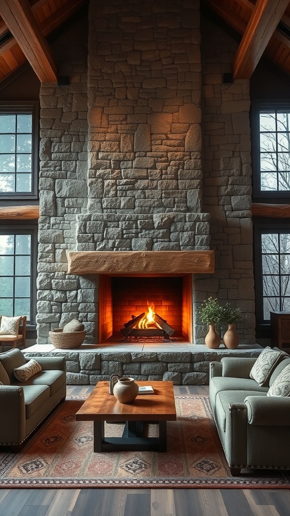 A rustic living room featuring a stone fireplace, cozy seating, and warm lighting.