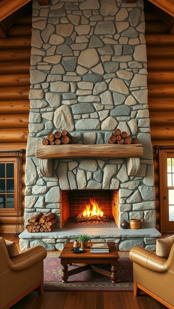A cozy stone fireplace in a log cabin, surrounded by comfortable seating and a warm fire.