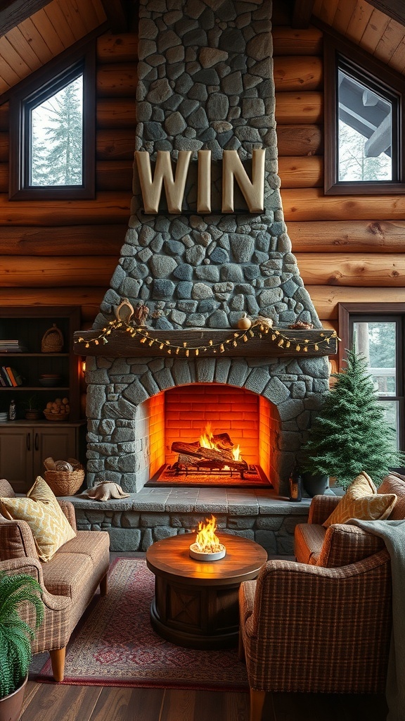 A cozy mountain cabin living room featuring a stone fireplace with a warm fire, comfortable seating, and festive decorations.