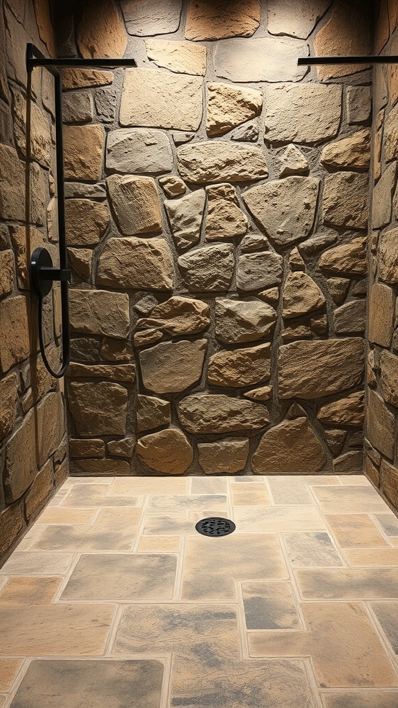 Rustic bathroom shower with stone floor and textured walls