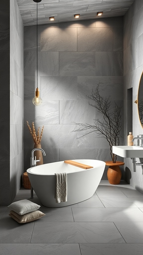 A modern bathroom featuring stone gray textures with a freestanding tub, minimalist decor, and natural elements.