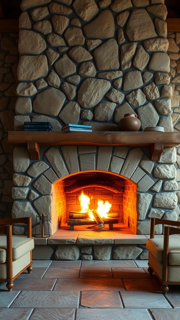 A rustic stone fireplace with a warm fire, surrounded by comfortable chairs.