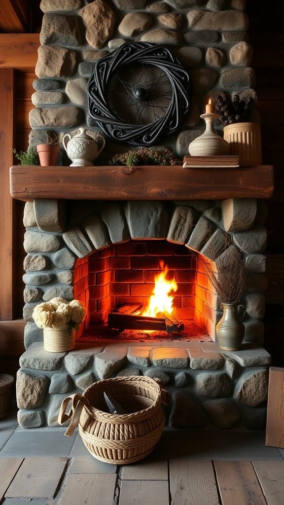 A rustic stone fireplace with a warm fire, decorated with pottery and a wooden mantel.