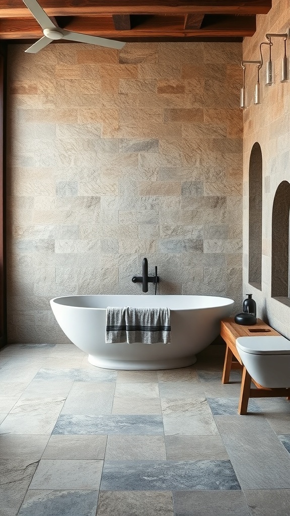 Rustic modern bathroom with stone tile flooring and a freestanding bathtub.