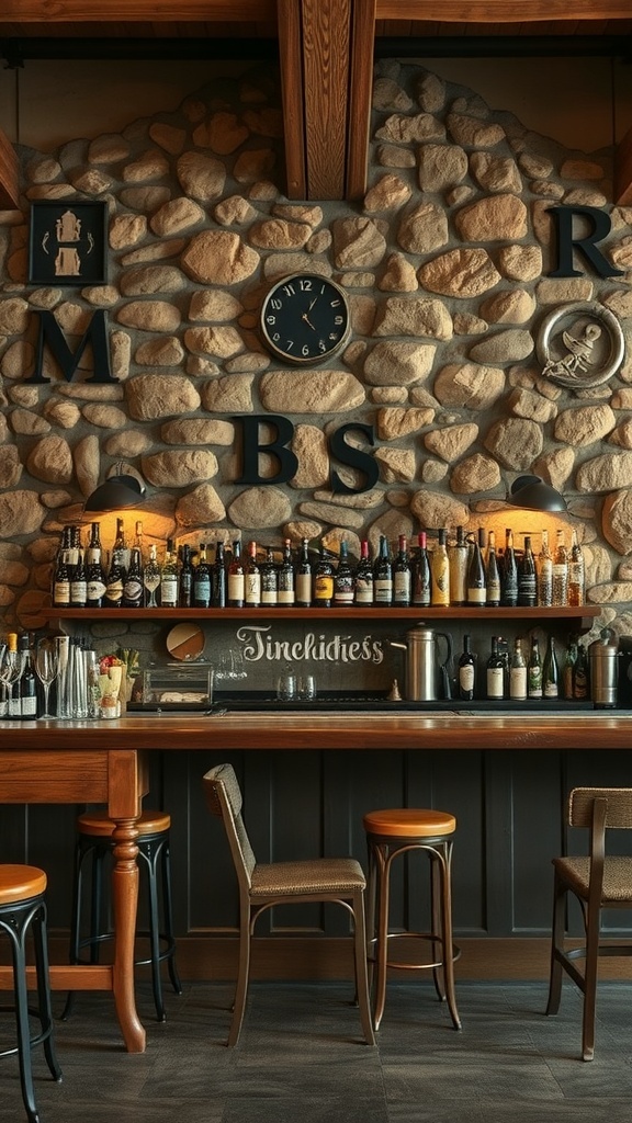 Rustic bar with a stone wall backdrop and wooden bar stools.