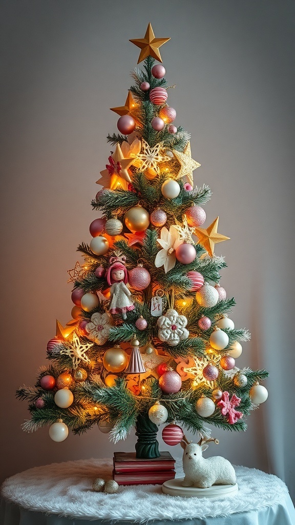 A beautifully decorated Christmas tree with pink and gold ornaments, featuring a doll and whimsical stars, set on a cozy white base.
