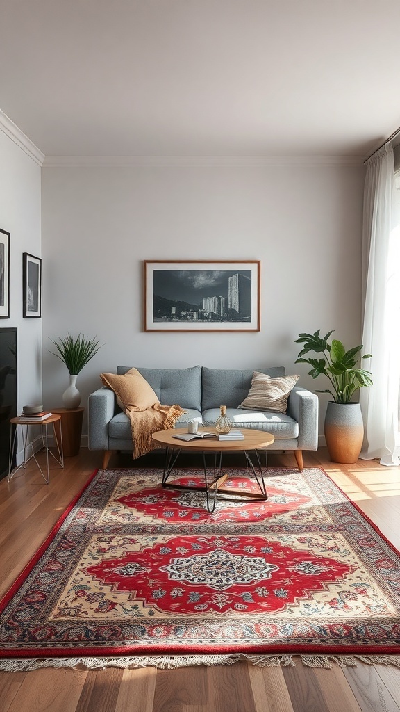 A cozy small living room with a blue sofa, a round coffee table on a red patterned rug, and plants.