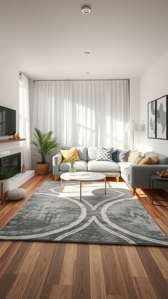A small living room with a gray area rug, a cozy sofa, and a bright atmosphere.