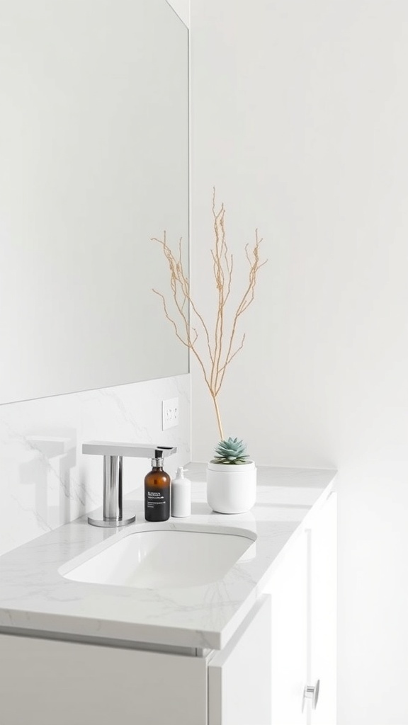 A minimalist bathroom countertop with a soap dispenser, small plant, and decorative branch.