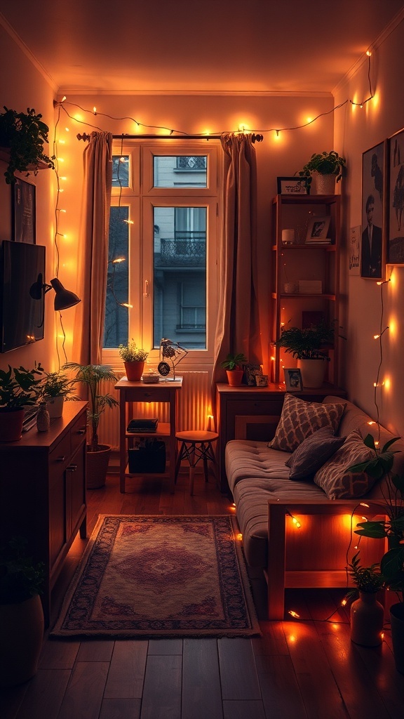 Cozy small apartment decorated with string lights and plants.