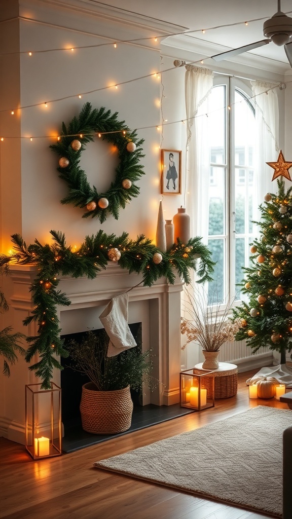 A cozy living room decorated with string lights and garlands for Christmas.