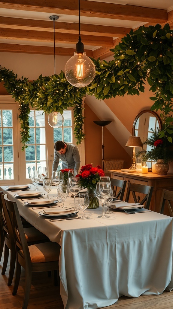 A beautifully decorated dining room with string lights and garlands for Christmas.