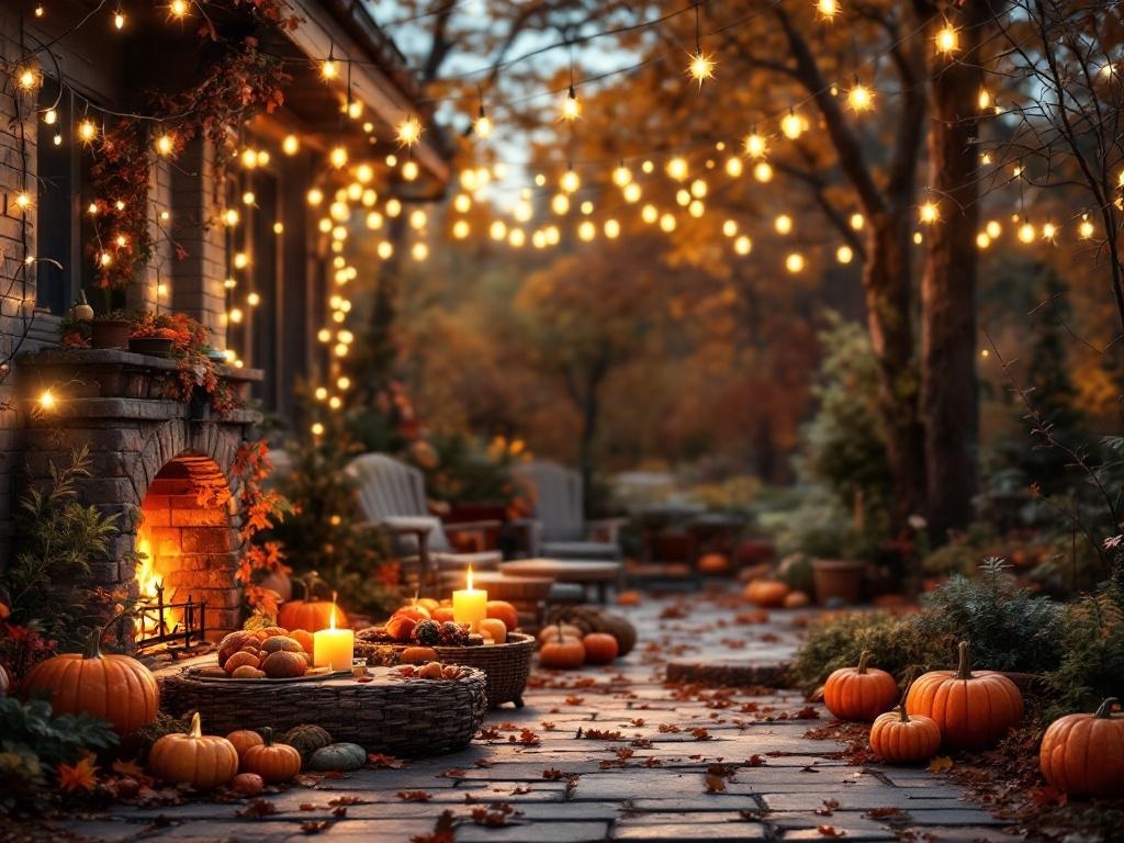 Outdoor Thanksgiving decor with string lights, pumpkins, and cozy seating.