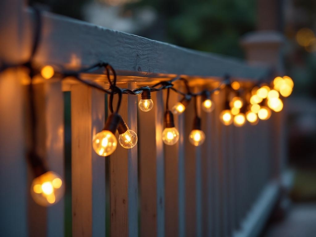 String lights hanging on a porch railing, creating a warm and inviting atmosphere.