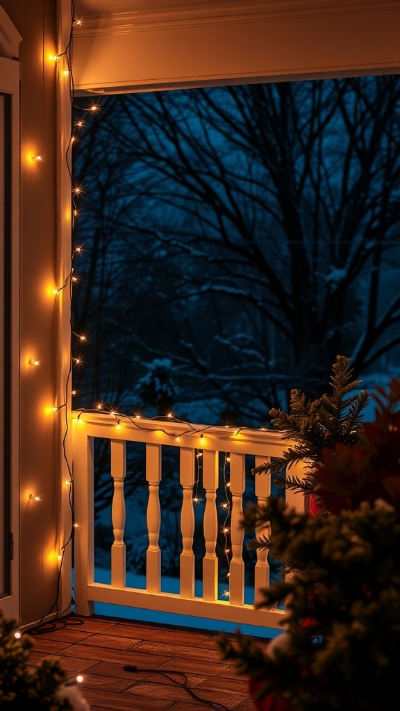 A cozy winter front porch decorated with string lights, showcasing a warm glow against a snowy backdrop.