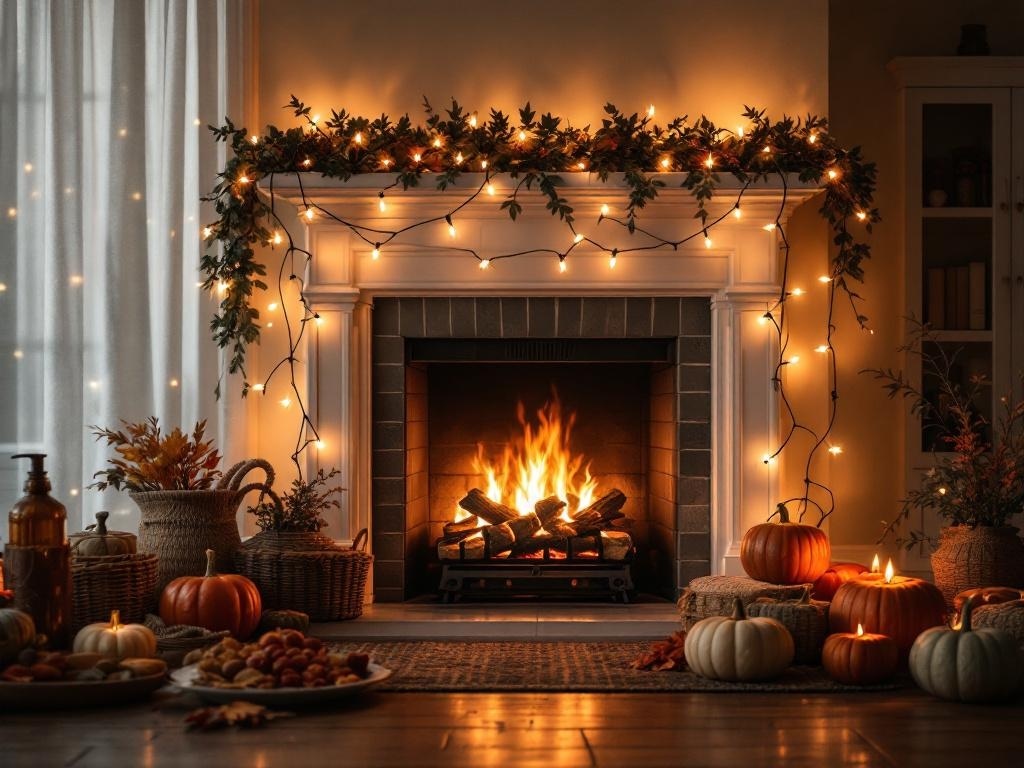 A cozy fireplace decorated with string lights and autumn-themed decor, featuring pumpkins and a warm fire.