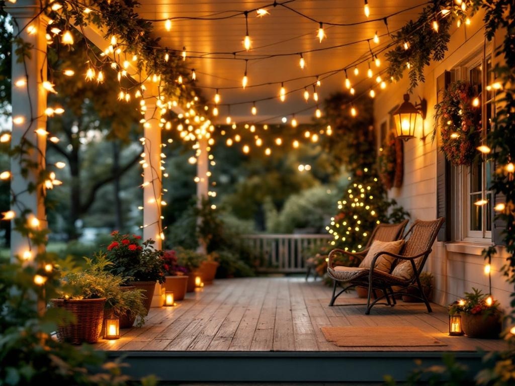 A cozy front porch decorated with string lights, plants, and a warm glow.
