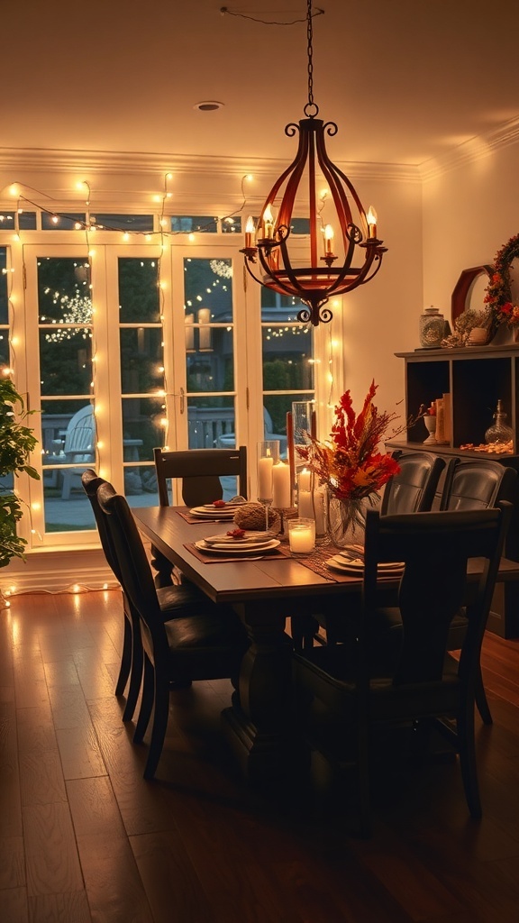 A cozy dining room decorated with string lights, a chandelier, and fall-themed decor.