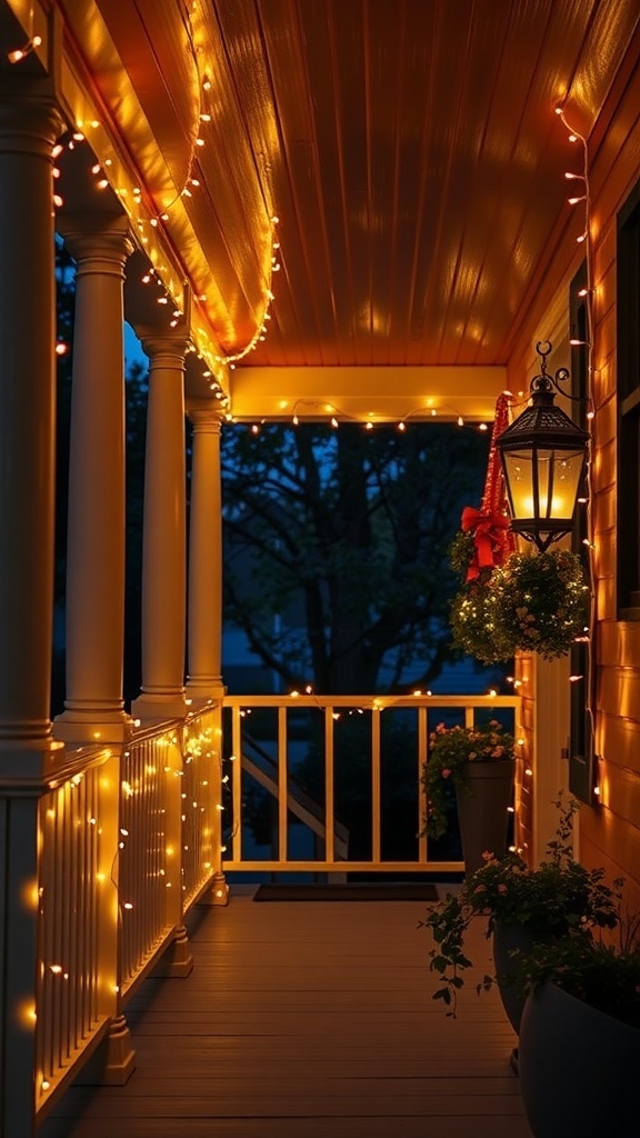 A cozy front porch decorated with string lights, creating a warm evening atmosphere.