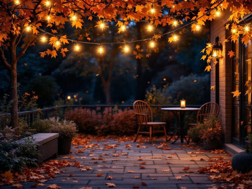A cozy outdoor patio decorated with string lights and surrounded by autumn leaves.