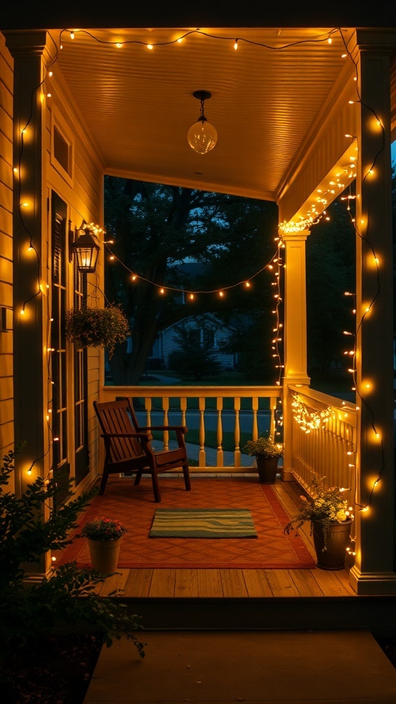 A cozy front porch decorated with string lights, a chair, and fall decor.