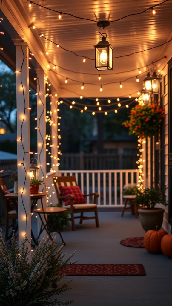A cozy porch decorated with string lights for a warm evening atmosphere.