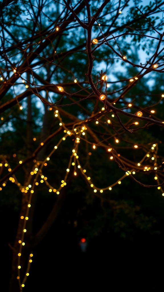 String lights wrapped around tree branches in a dimly lit outdoor setting