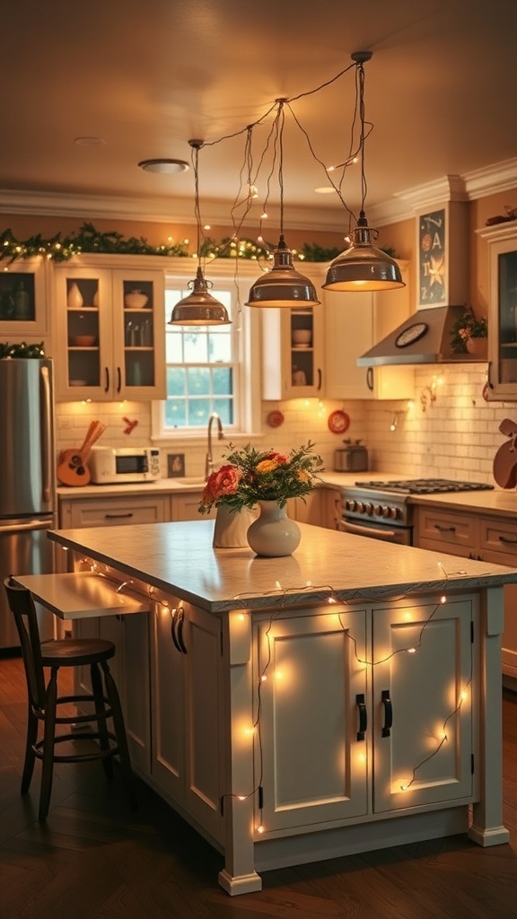 A beautifully decorated kitchen with string lights over the island, creating a warm holiday atmosphere.