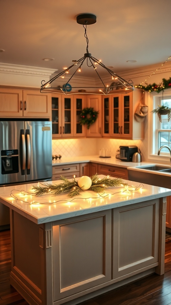 A kitchen with string lights overhead, creating a warm and festive atmosphere.