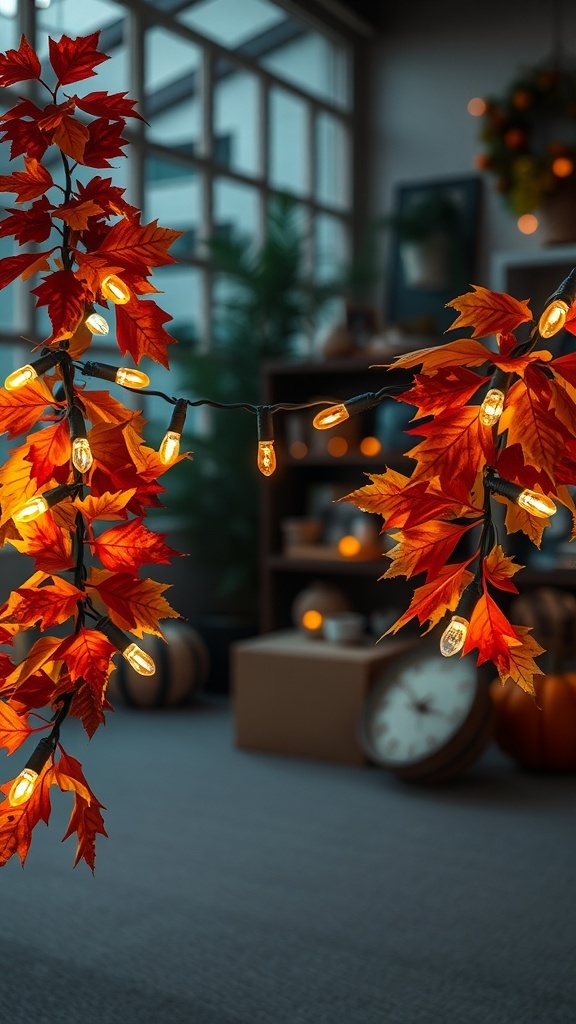 String lights wrapped in colorful fall leaves, creating a warm and inviting atmosphere.