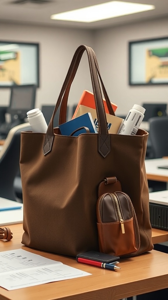 A structured brown tote bag filled with office essentials like notebooks and pens, placed on a desk in an office setting.