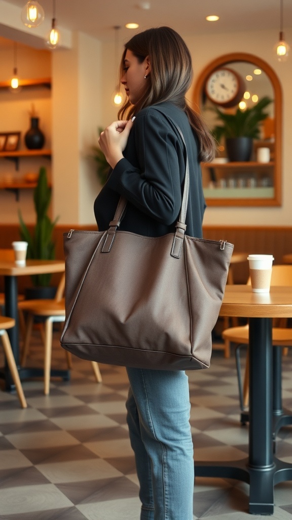 A woman holding a brown structured tote bag while wearing a casual outfit in a coffee shop.